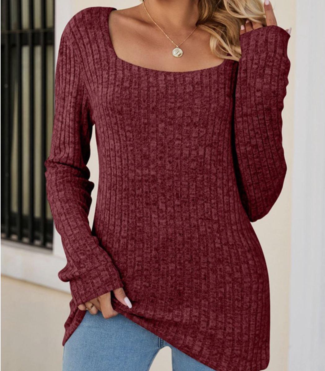 Long Sleeve Square Neck Ribbed Top | Wine Red