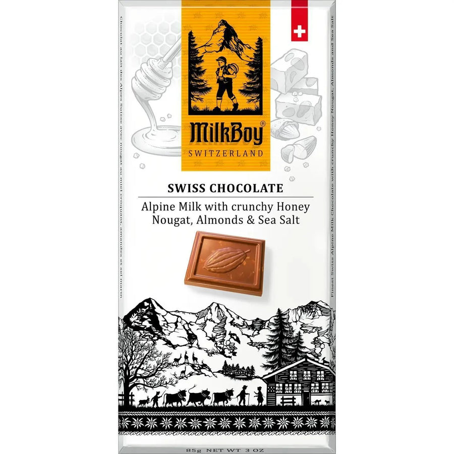 Milkboy Alpine Milk Chocolate with Crunchy Honey, Almonds & Sea Salt Milkboy Alpine Milk Chocolate with Crunchy Honey, Almonds & Sea Salt
