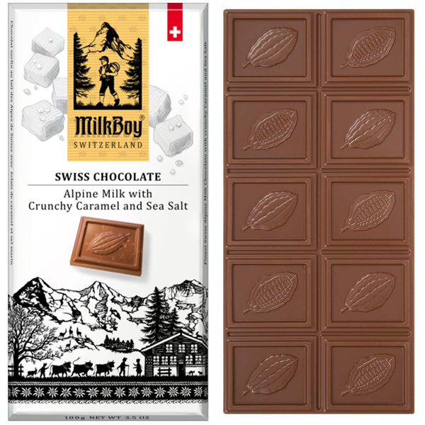 Milkboy Finest Swiss Milk Chocolate with Crunchy Caramel and Sea Salt Milkboy Finest Swiss Milk Chocolate with Crunchy Caramel and Sea Salt