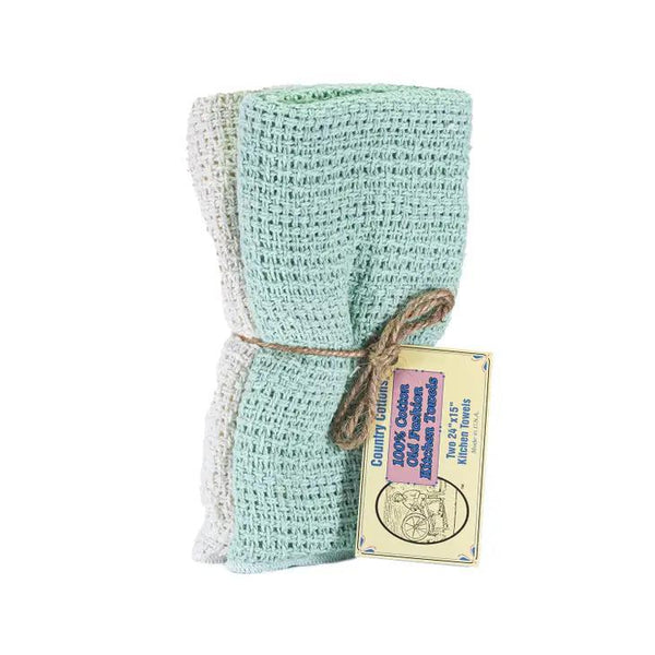Woven Kitchen Towels 100% Cotton USA made Mint Green  & Natural