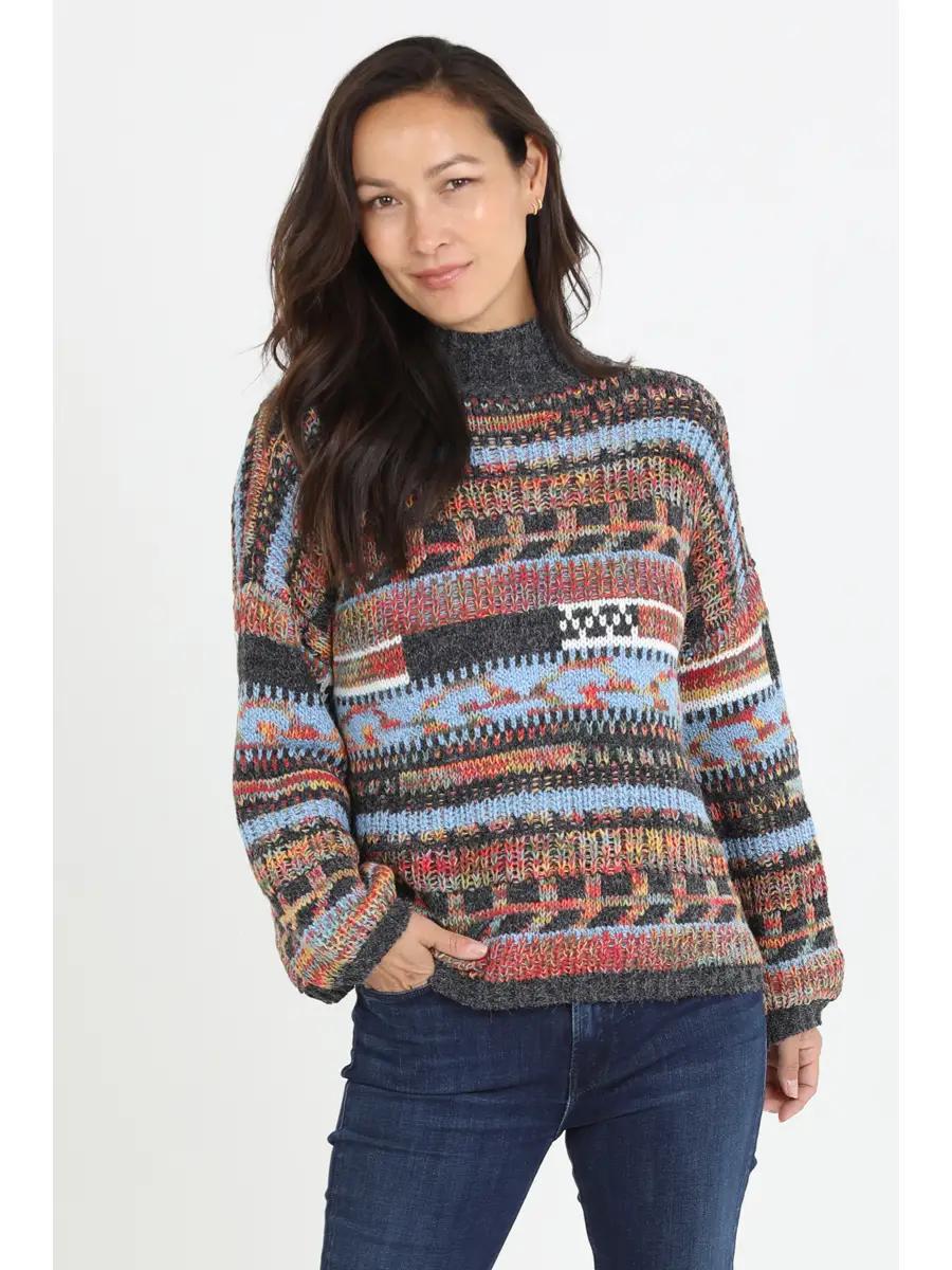 Mixed Yarns Mock Neck Pullover Sweater