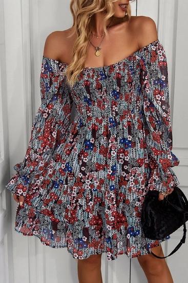 Multi Patterned Deep Round Neck Ruffle Dress | Red