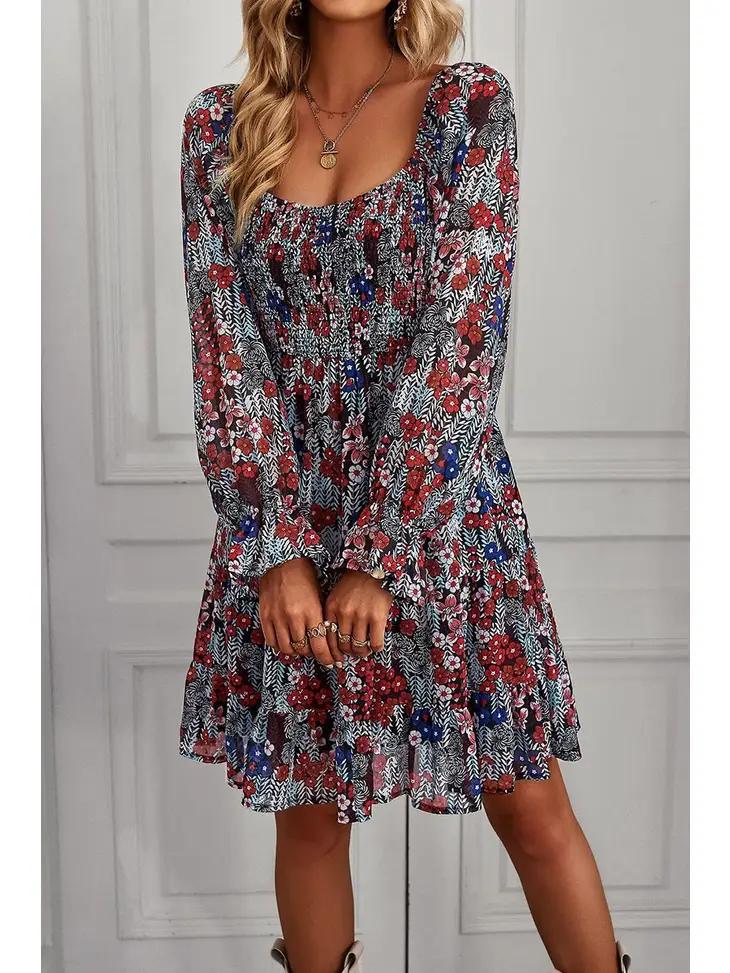 Multi Patterned Deep Round Neck Ruffle Dress | Red