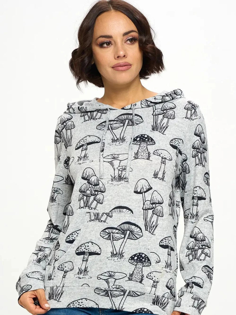 Mushroom Print Pullover Hoodie Black & White Mushroom Print Pullover Hoodie Black & White