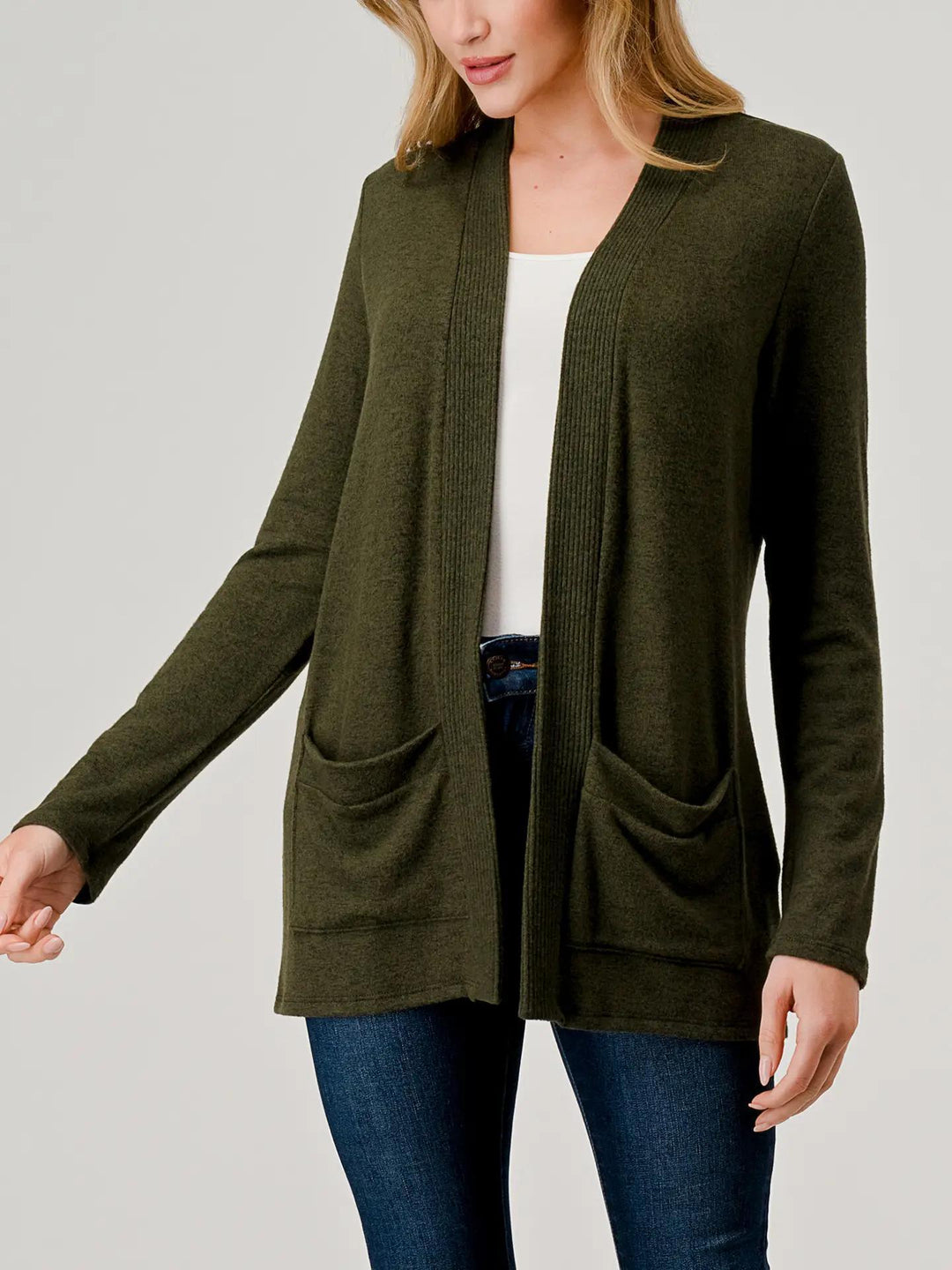 Heimious Rib Contrast Brushed Knit Cardigan w/ Pockets Olive L