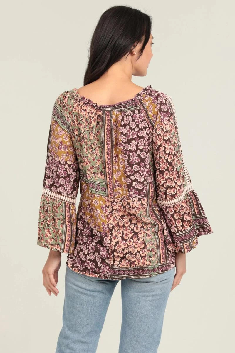 Patchwork Print Bell Sleeve Crochet Lace Trim Top Patchwork Print Bell Sleeve Crochet Lace Trim Top