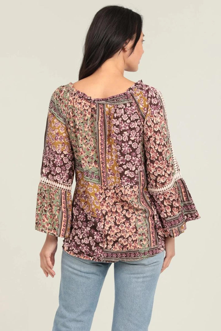 Patchwork Print Bell Sleeve Crochet Lace Trim Top Patchwork Print Bell Sleeve Crochet Lace Trim Top
