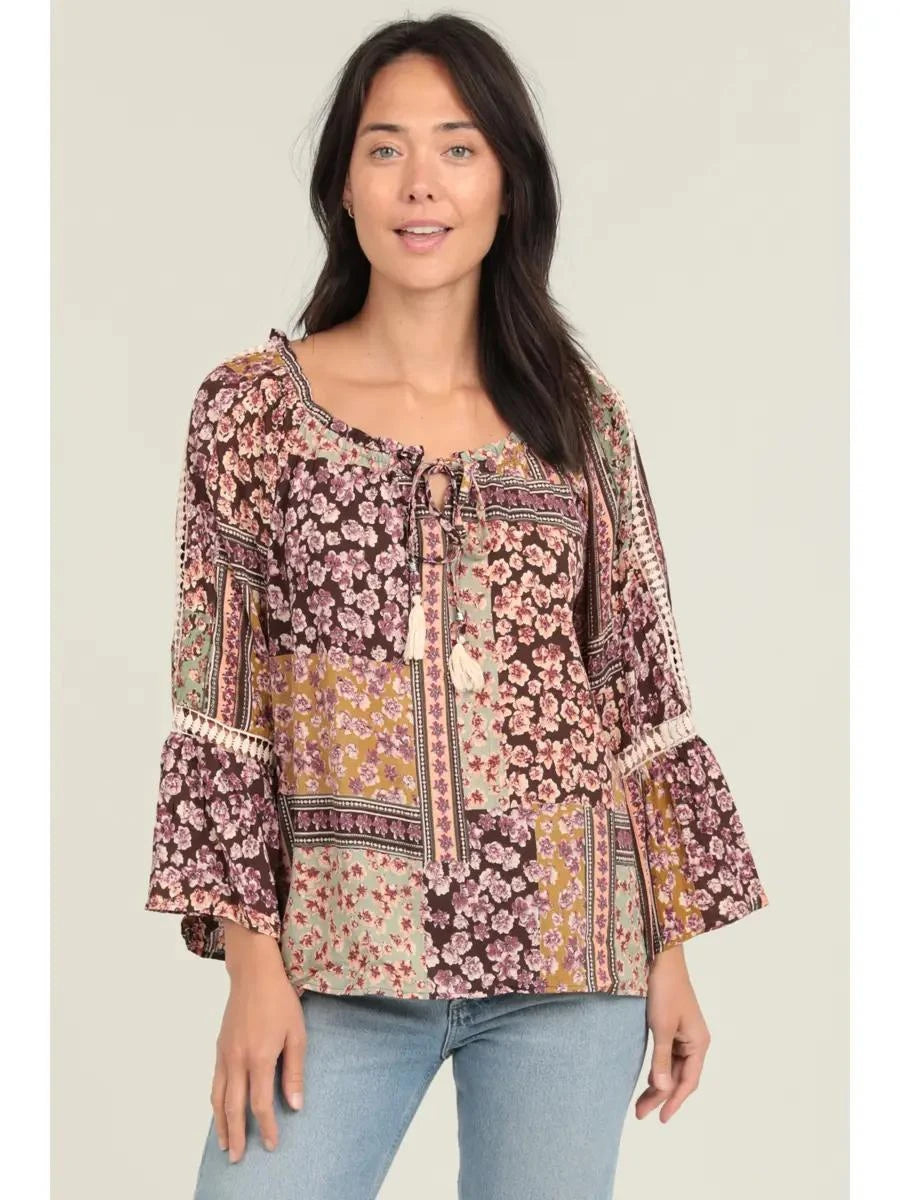 Patchwork Print Bell Sleeve Crochet Lace Trim Top Patchwork Print Bell Sleeve Crochet Lace Trim Top