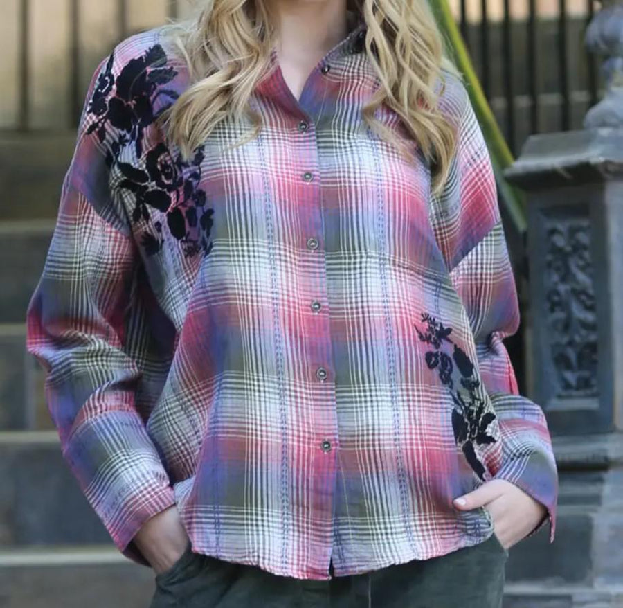 Plaid Button Down Shirt with Embroidery