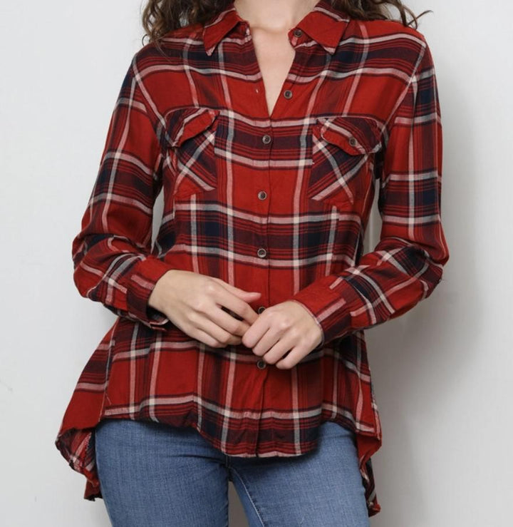 Plaid Button Front Hi Lo Lace Up Back Shirt