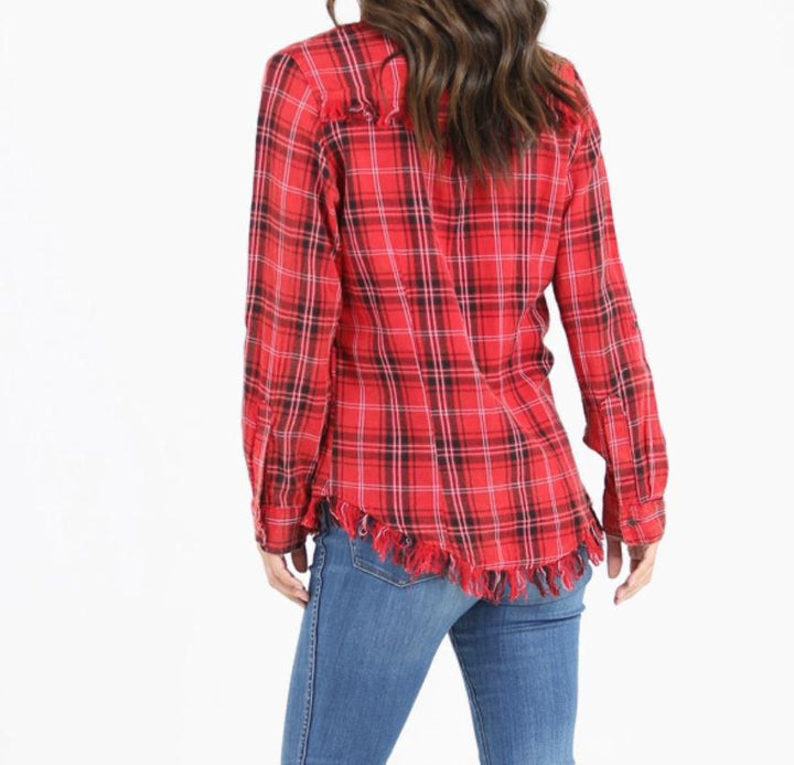 Plaid Button Front Shirt with Frayed Hem