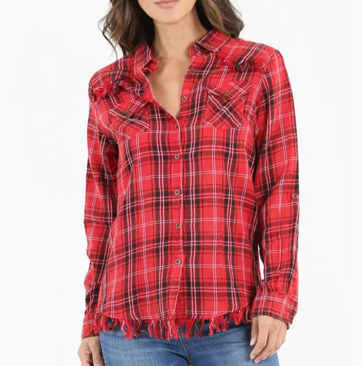 Plaid Button Front Shirt with Frayed Hem