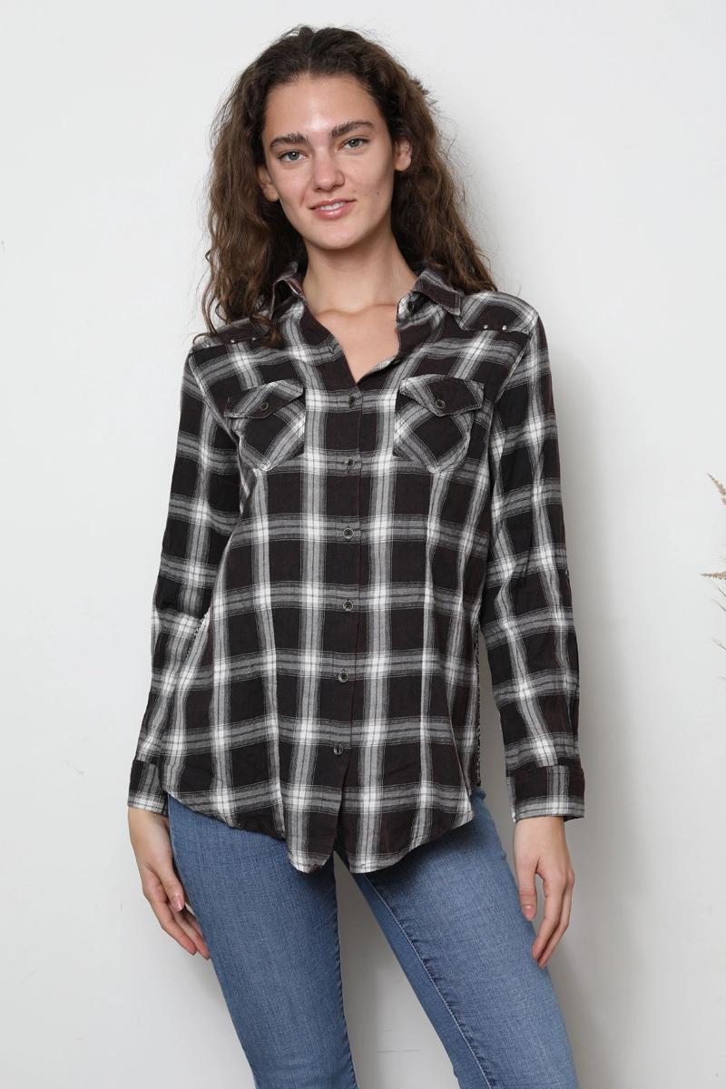 Plaid Button Front Shirt with Printed Back