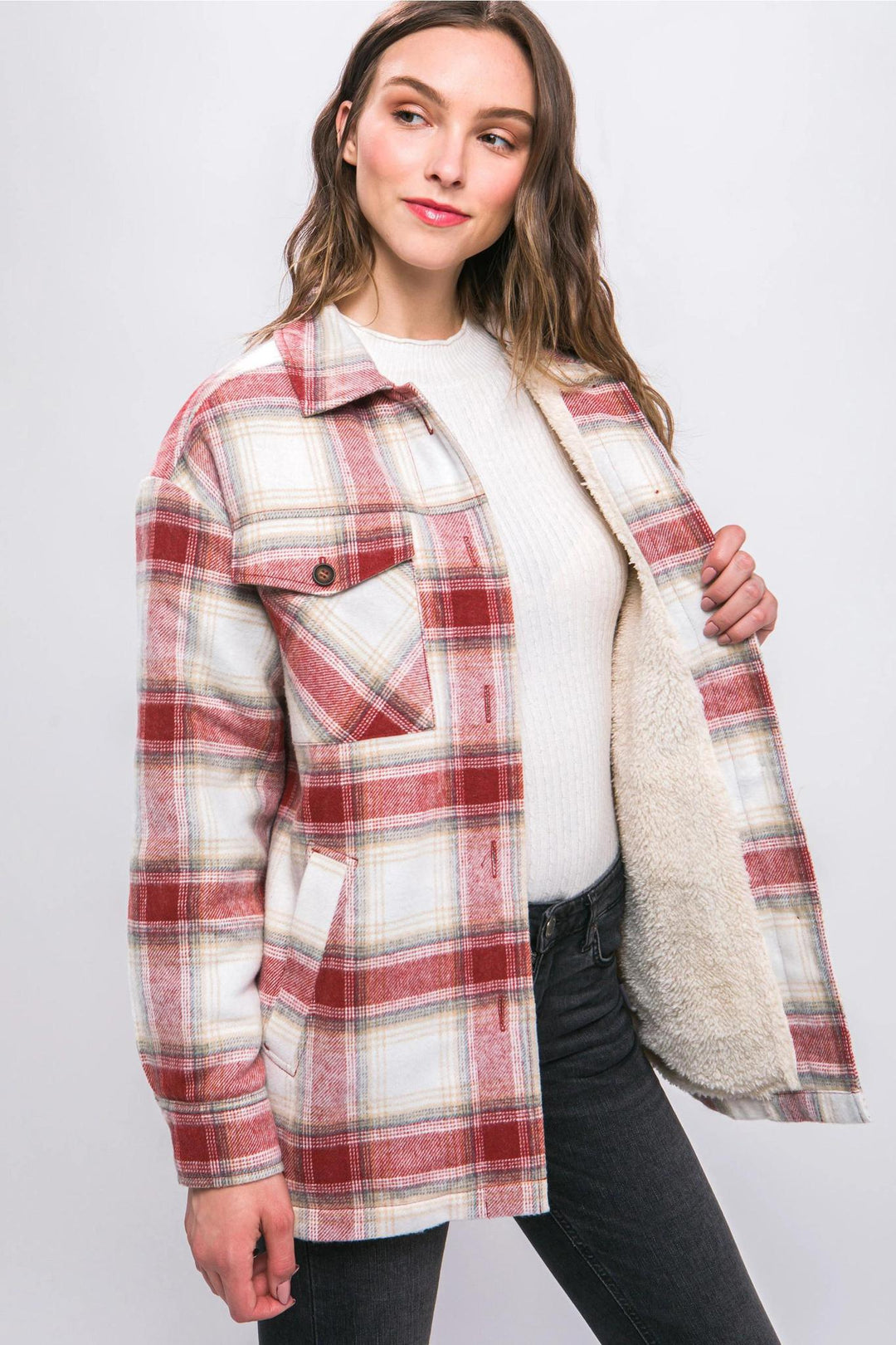 Plaid Button Up Jacket with Sherpa Lining