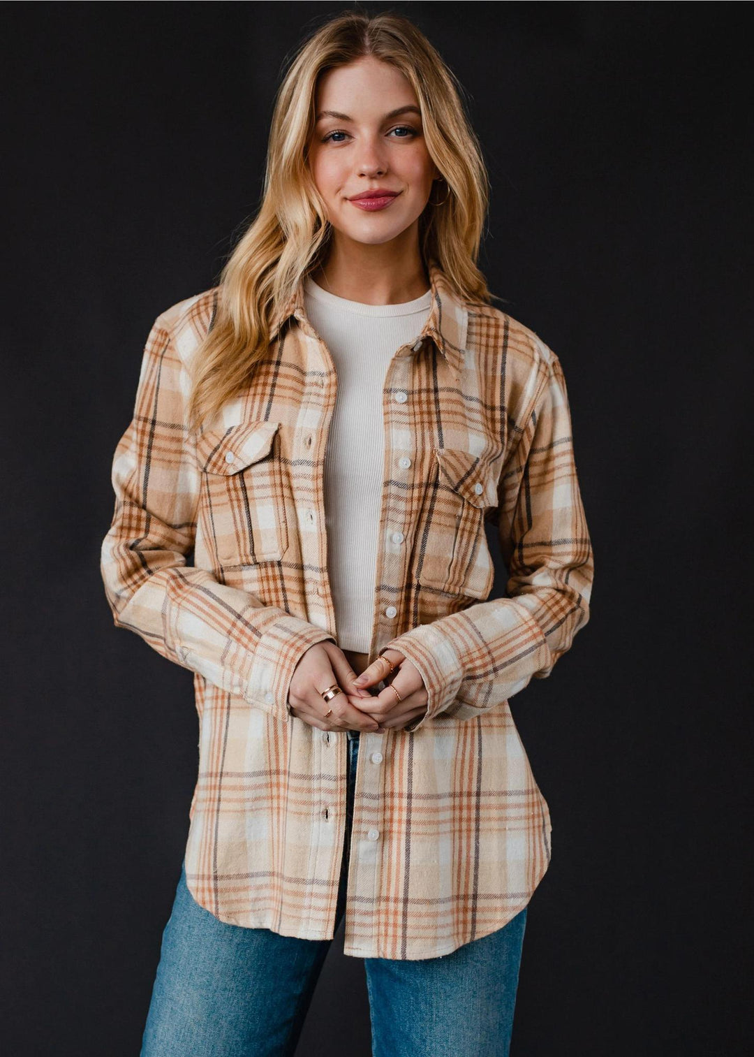 Plaid Flannel Shirt with bleached dipped contrast Tan Plaid Flannel Shirt with bleached dipped contrast Tan