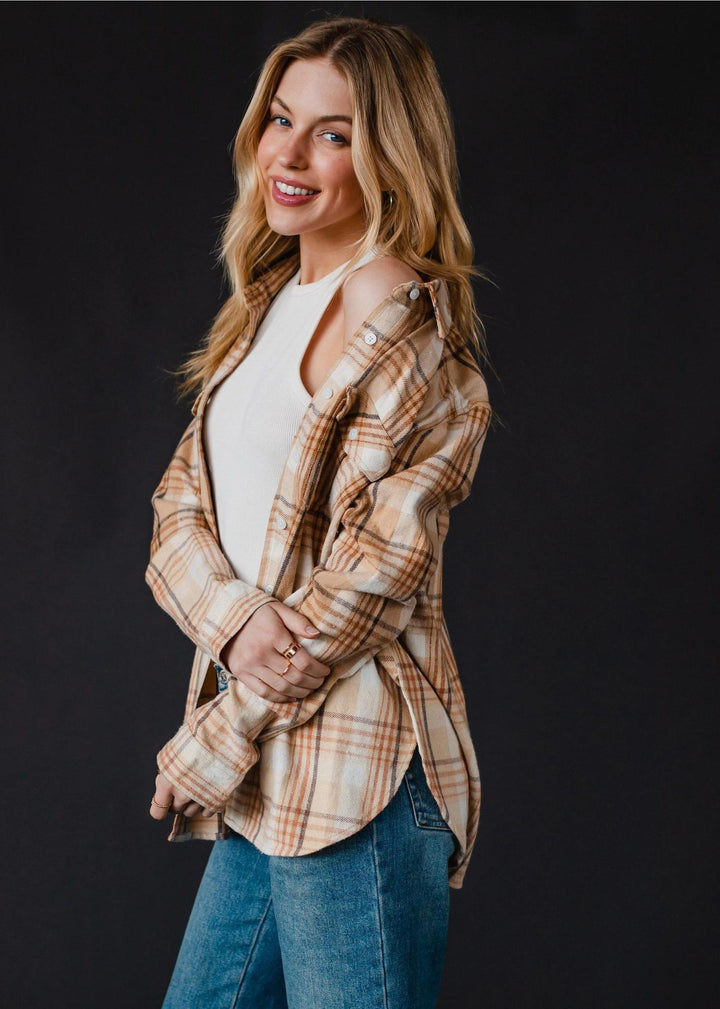 Plaid Flannel Shirt with bleached dipped contrast Tan Plaid Flannel Shirt with bleached dipped contrast Tan