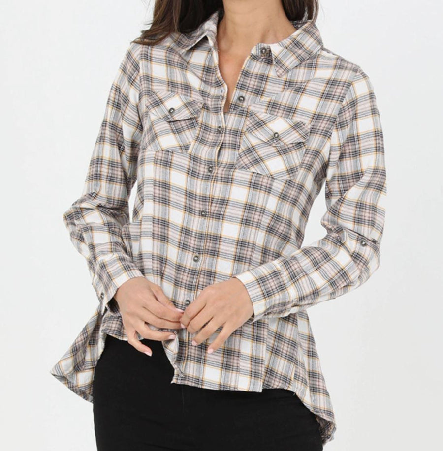 Plaid Hi Lo Hem Lace Up Back Button Front Shirt