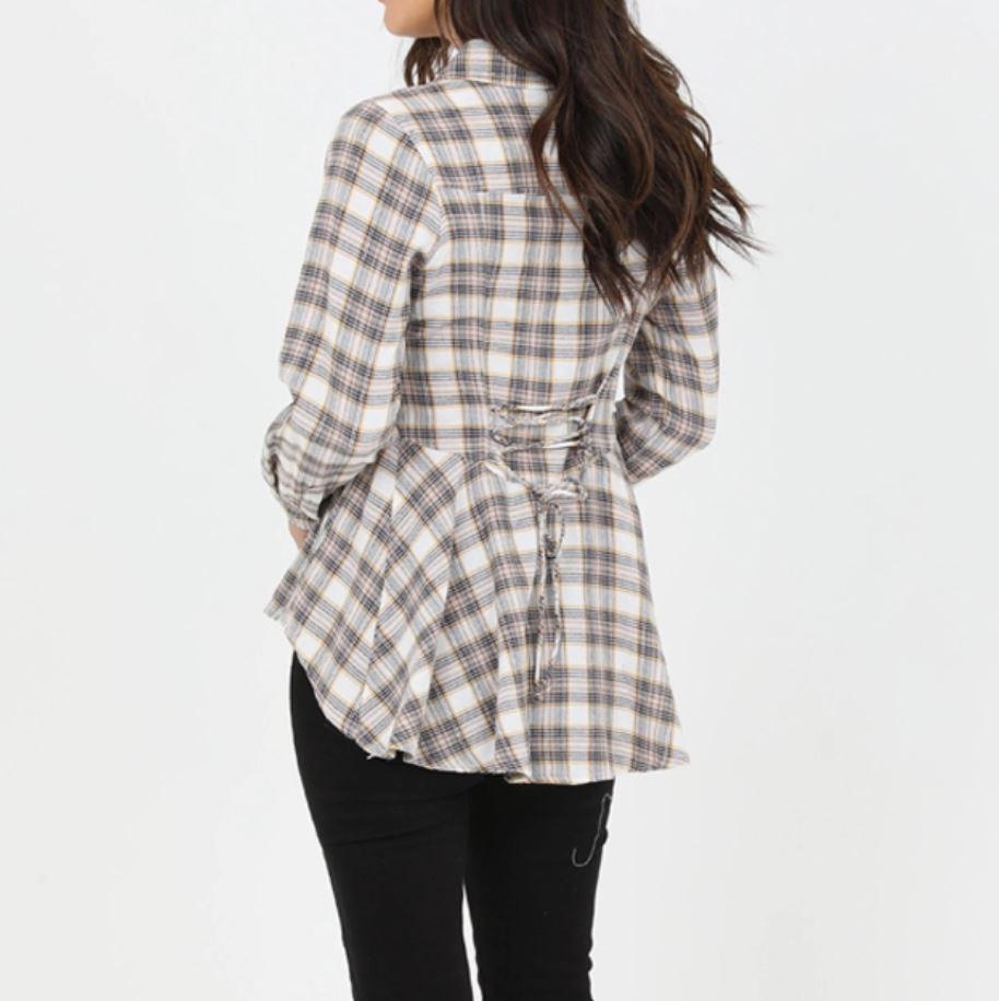 Plaid Hi Lo Hem Lace Up Back Button Front Shirt