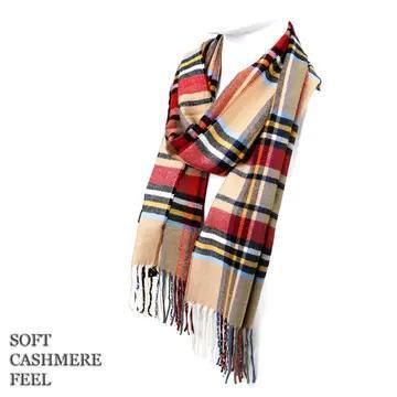 Cashmere Feel  Scarf Plaid Red Tan Cashmere Feel  Scarf