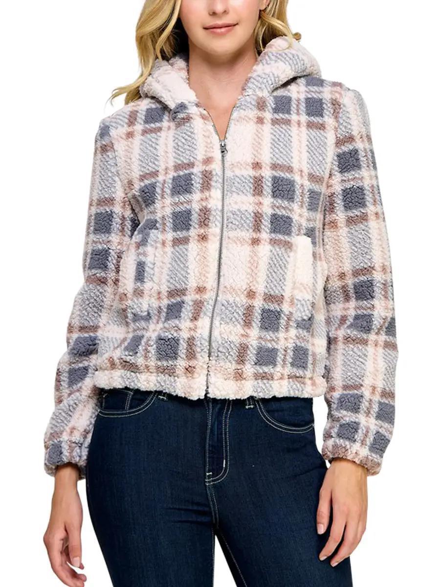 Plaid Sherpa Zip Up Hoodie Jacket