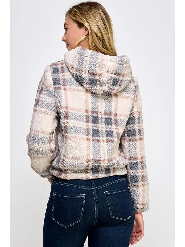 Plaid Sherpa Zip Up Hoodie Jacket