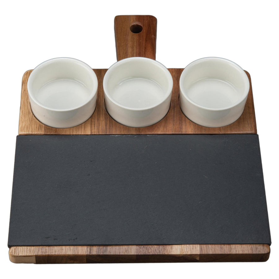 Rectangle Wooden Slate Serving Board & Dipping Dishes