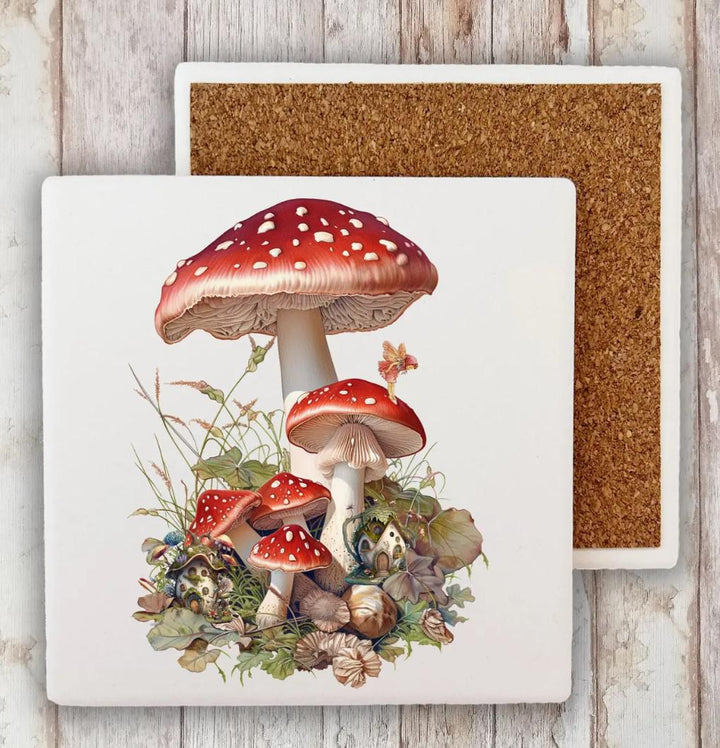 Decorative Stone Coaster Red & White Mushrooms Faires