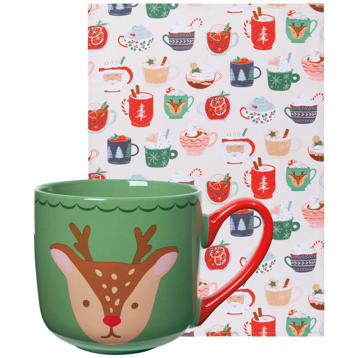Cozy Cups Christmas Mug and Dishtowel Set Reindeer Cozy Cups Christmas Mug and Dishtowel Set
