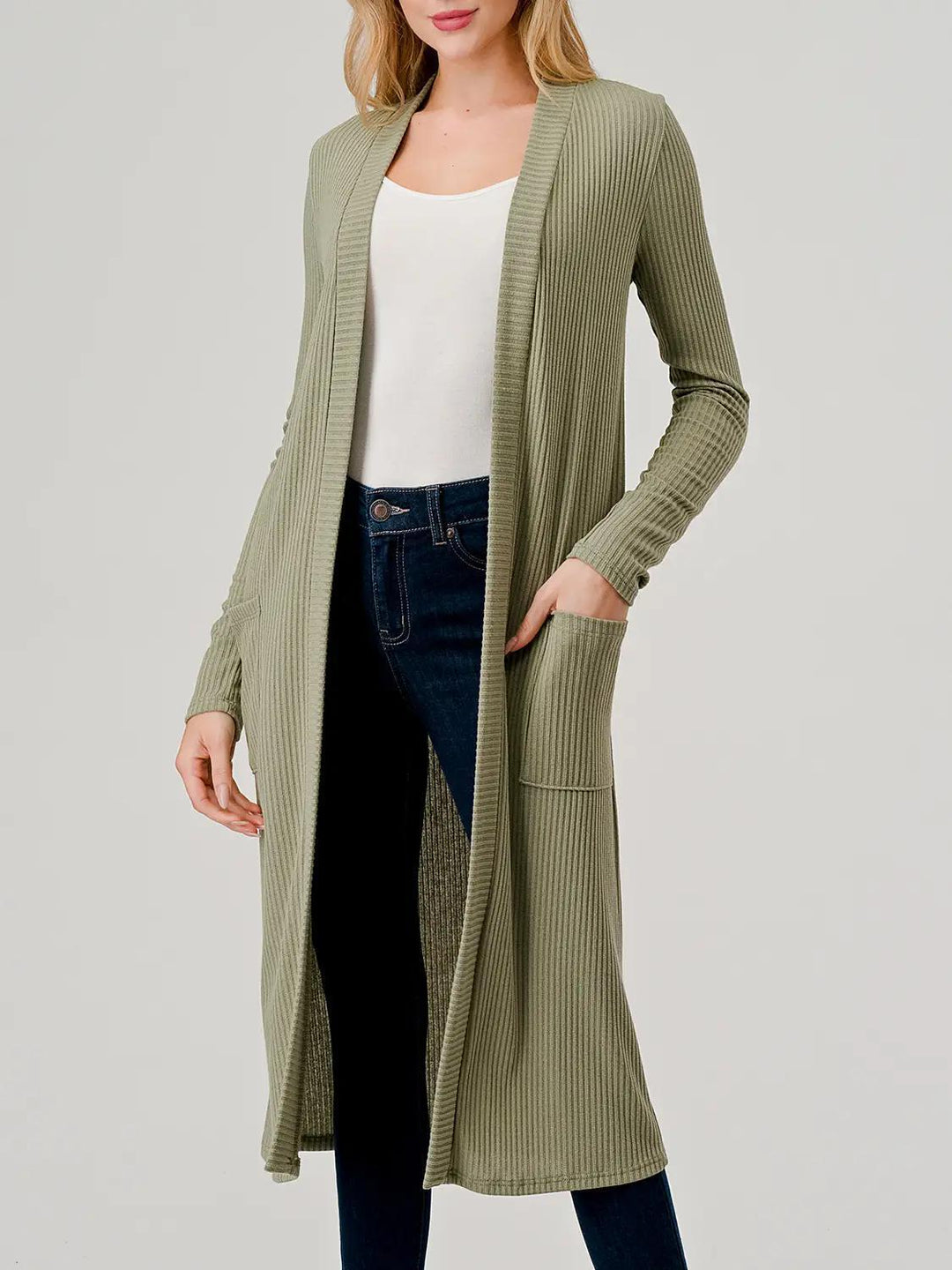 Heimious Open Front Long Sleeve Ribbed Knit Cardigan Sage L