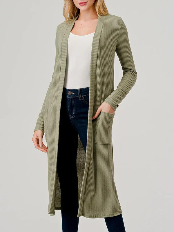 Heimious Open Front Long Sleeve Ribbed Knit Cardigan Sage M