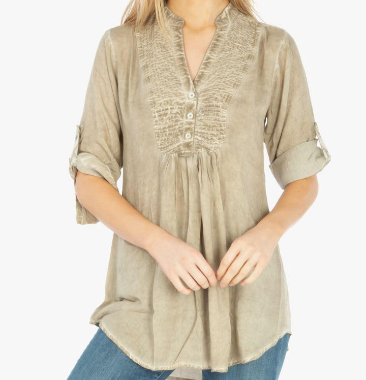 Sand Blouse with Pin Tucks and Roll Up Sleeves