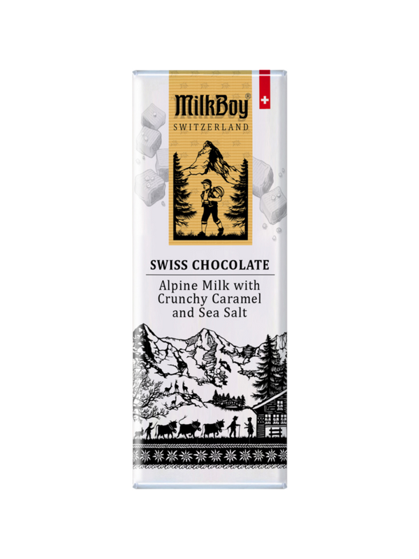 Milkboy Finest Swiss Milk Chocolate with Crunchy Caramel and Sea Salt Snack Size 1.4 oz. Milkboy Finest Swiss Milk Chocolate with Crunchy Caramel and Sea Salt