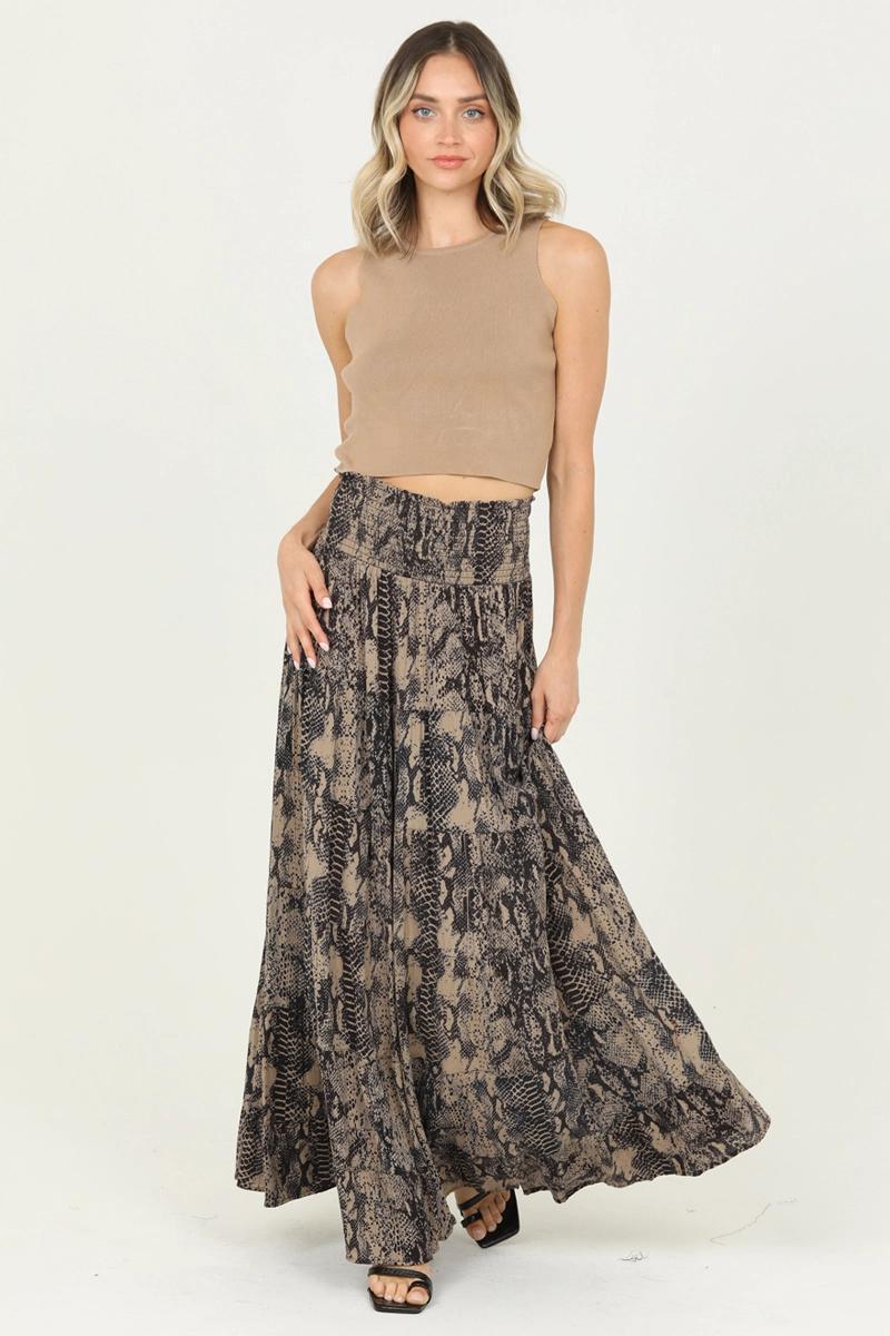 Snake Print Tiered Maxi Skirt with Smocked Waist