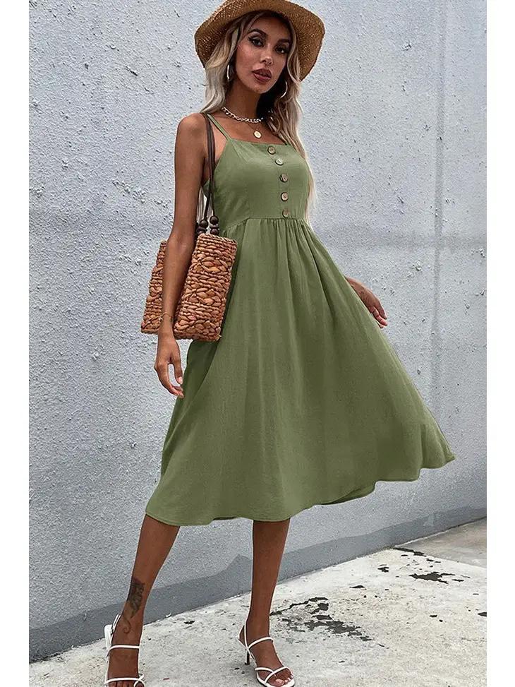 Solid Color Sling Long Dress | Army Green