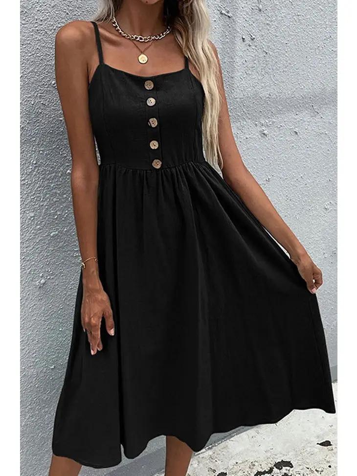 Solid Color Sling Long Dress | Black