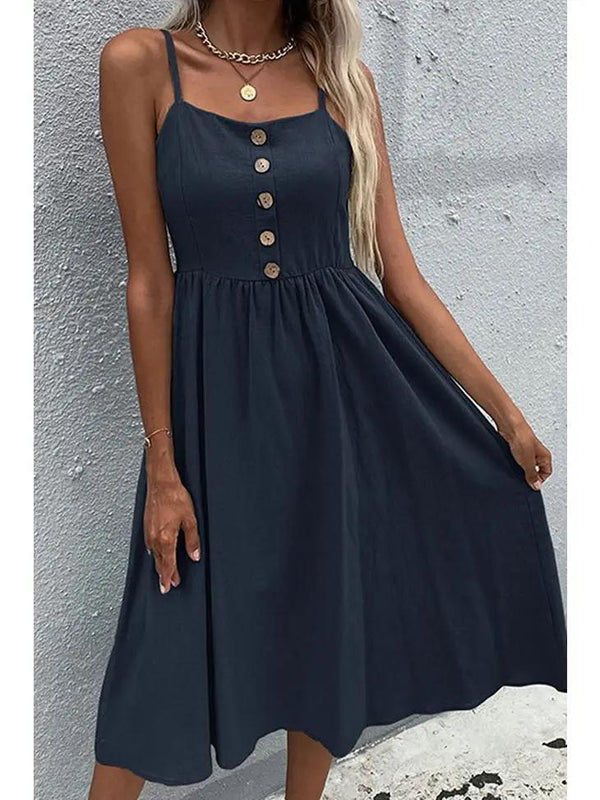 Solid Color Sling Long Dress | Navy Blue