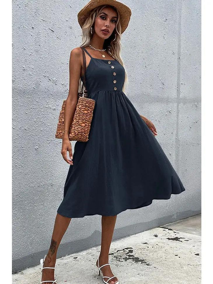 Solid Color Sling Long Dress | Navy Blue