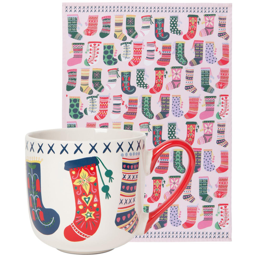 Cozy Cups Christmas Mug and Dishtowel Set Stockings Cozy Cups Christmas Mug and Dishtowel Set