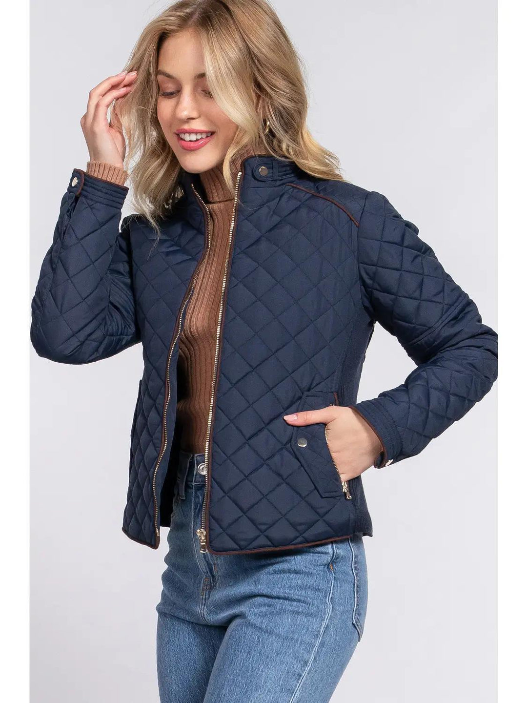 Suede Piping Detail Rib Quilted Padding Jacket | Navy Suede Piping Detail Rib Quilted Padding Jacket | Navy