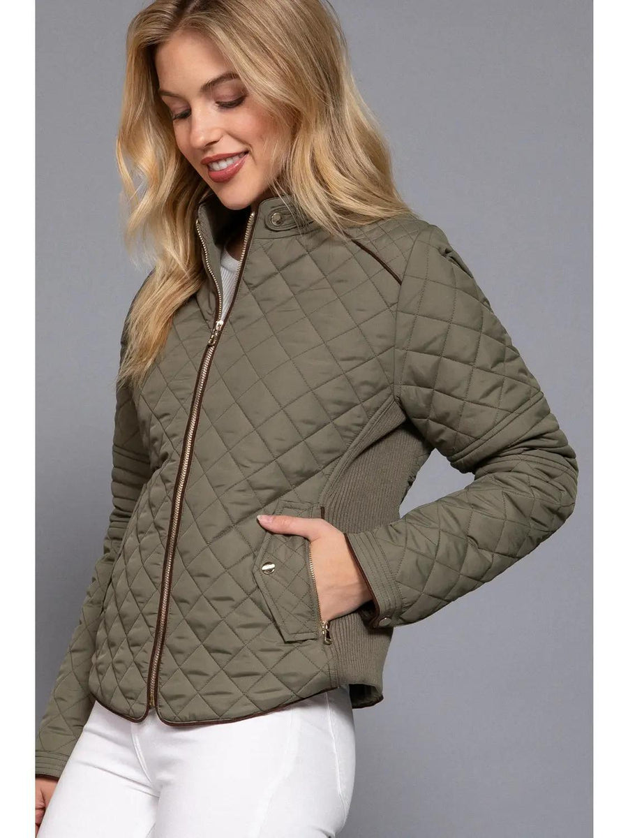 Suede Piping Detail Rib Quilted Padding Jacket | Olive Suede Piping Detail Rib Quilted Padding Jacket | Olive