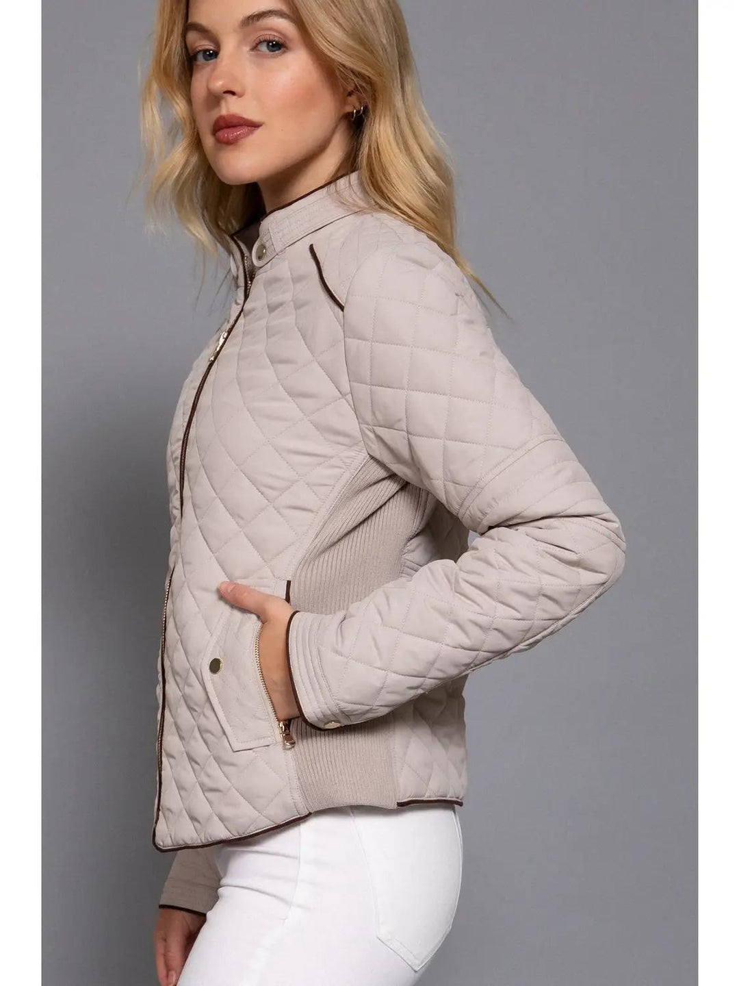 Suede Piping Detail Rib Quilted Padding Jacket | Pale Taupe Suede Piping Detail Rib Quilted Padding Jacket | Pale Taupe