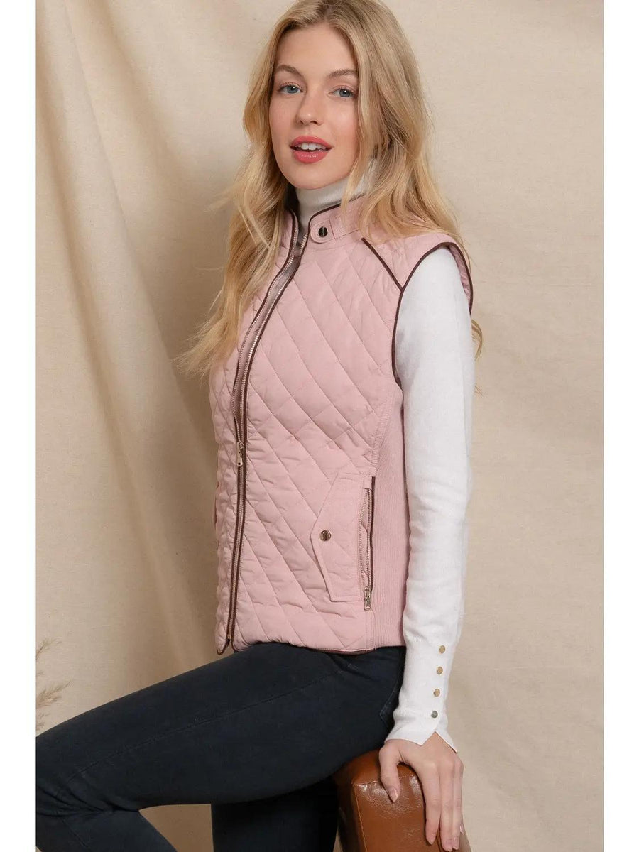 Suede Piping Detail Side Rib Quilted Padding Vest | Beige Pink Suede Piping Detail Side Rib Quilted Padding Vest | Beige Pink