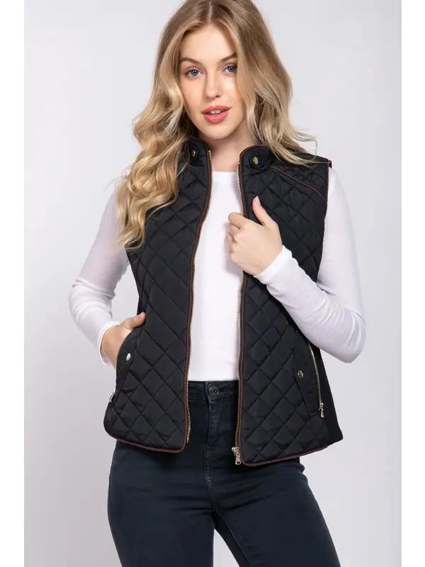 Suede Piping Detail Side Rib Quilted Padding Vest | Black Suede Piping Detail Side Rib Quilted Padding Vest | Black