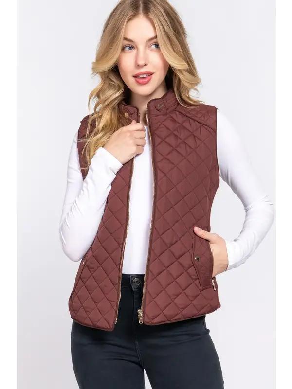 Suede Piping Detail Side Rib Quilted Padding Vest | Brown