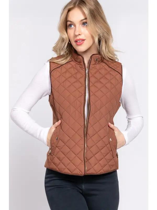 Suede Piping Detail Side Rib Quilted Padding Vest | Camel