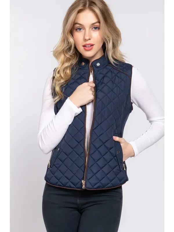 Suede Piping Detail Side Rib Quilted Padding Vest | Navy