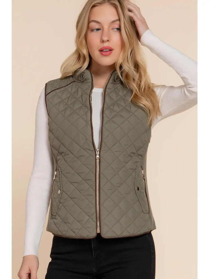 Suede Piping Detail Side Rib Quilted Padding Vest | Olive Suede Piping Detail Side Rib Quilted Padding Vest | Olive