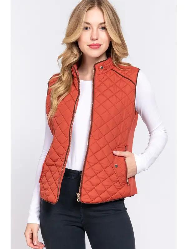 Suede Piping Detail Side Rib Quilted Padding Vest | Rust