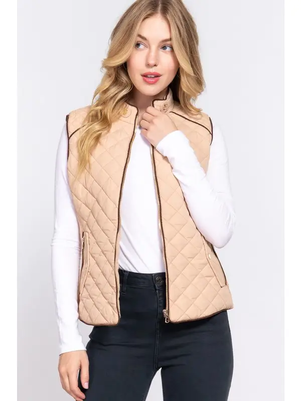 Suede Piping Detail Side Rib Quilted Padding Vest | Taupe