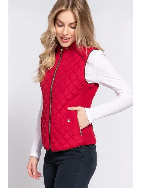 Suede Piping Detail Side Rib Quilted Padding Vest | Wine